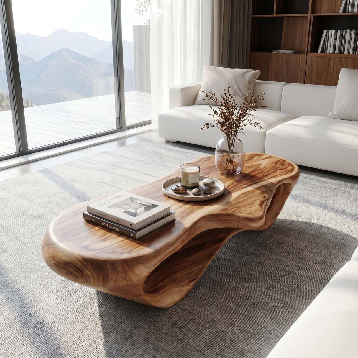 Handcrafted Organic Solid Wood Coffee Table with Continuous Hollow Wave Base