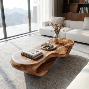 Handcrafted Organic Solid Wood Coffee Table with Continuous Hollow Wave Base