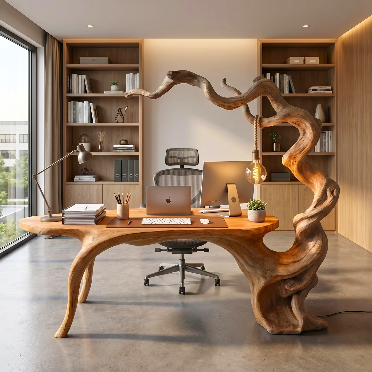 Twisted Branch Solid Wood Desk With Hanging Lamp Organic Modern Sculptural Workspace
