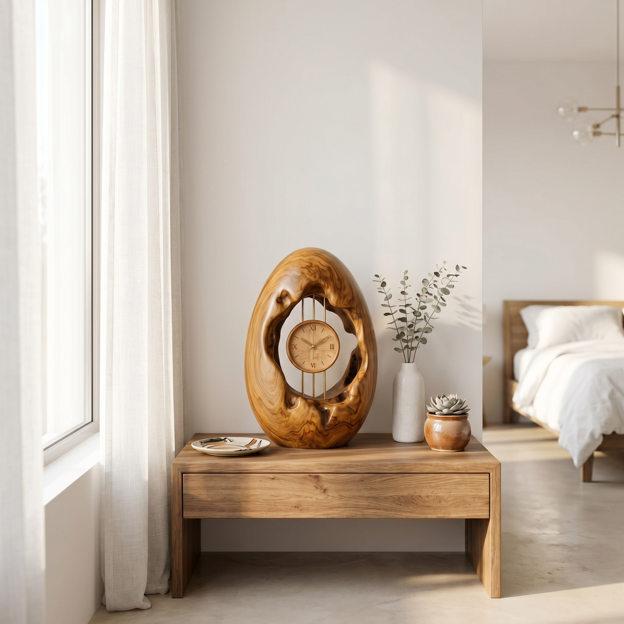 Solid Wood Oval Table Clock with Hollow Sculptural Frame