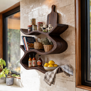 Wall Mounted Solid Wood Spice Shelf with Sculpted Ribbon Edge Design