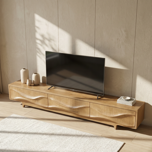 Solid Wood TV Console with Flowing Wave Carved Doors