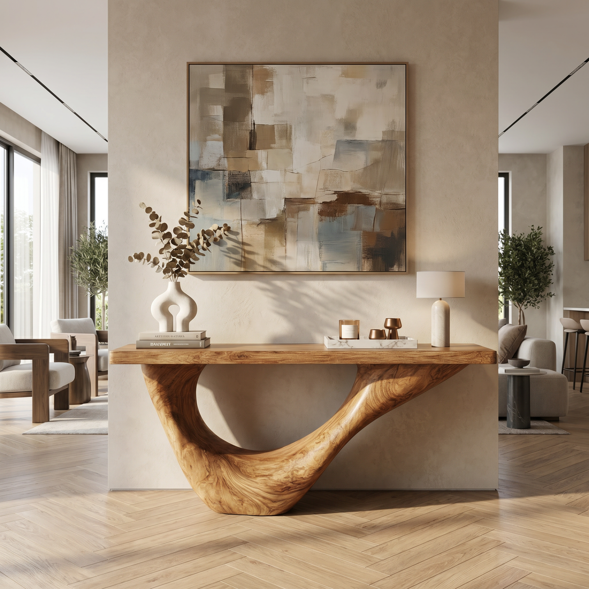Console Table Solid Wood with Sweeping Open Crescent Base