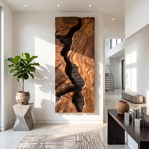 Natural Solid Wood Wall Art with Sculpted Gorge Forms and Black Stone Texture