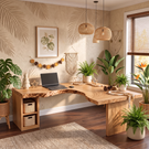 Live Edge Solid Wood L Shaped Desk with Built In Bookshelf Storage