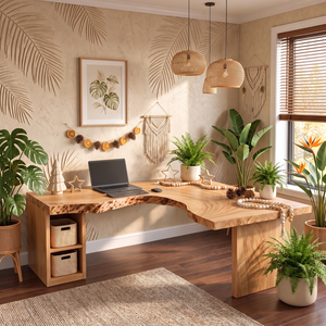 Live Edge Solid Wood L Shaped Desk with Built In Bookshelf Storage