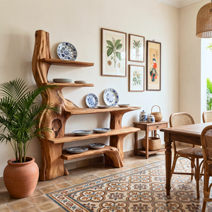 Sculptural Solid Wood Console Table with Organic Base and Open Display Shelves Artistic Freeform Console Table