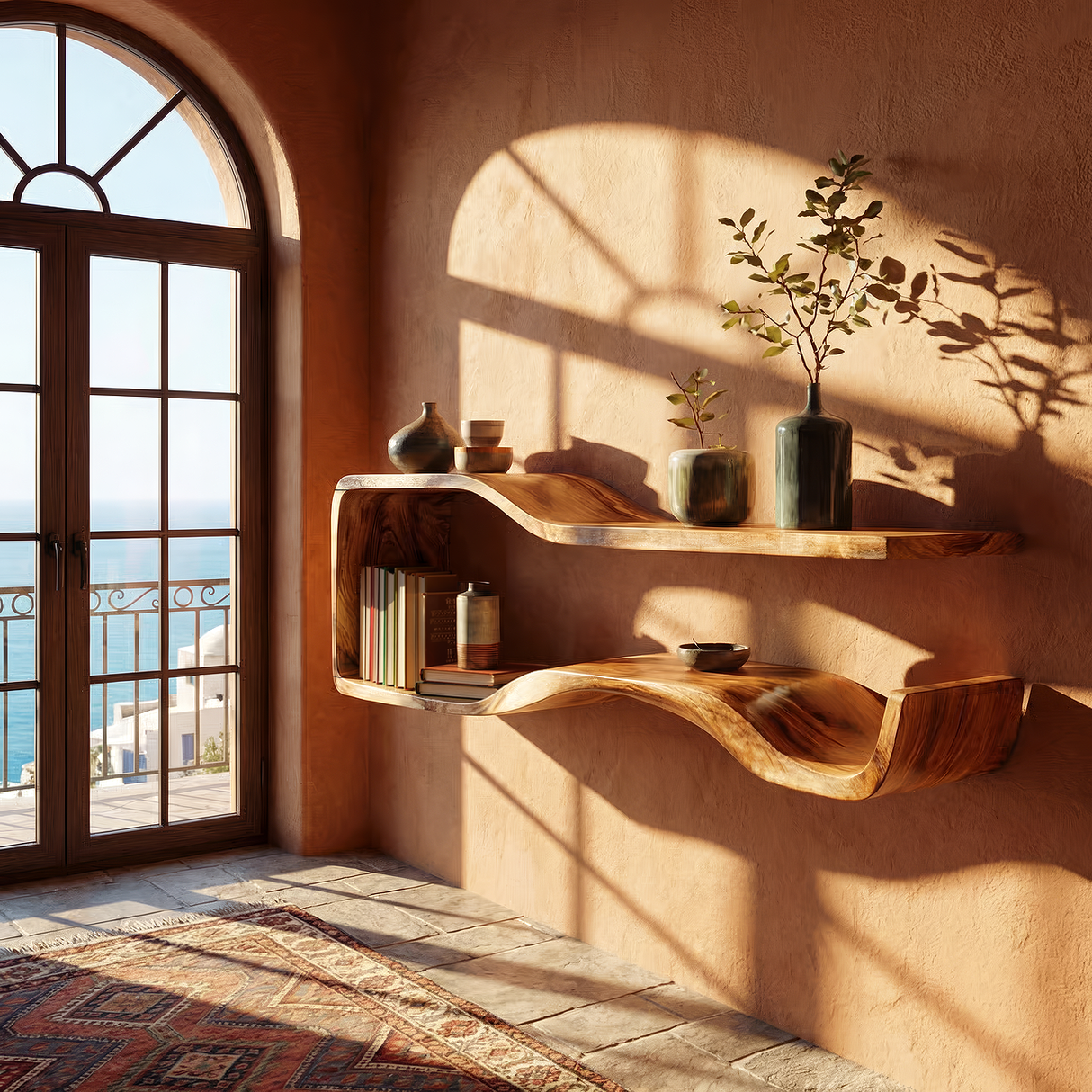 Organic Modern Solid Wood Floating Shelf with Wave Form
