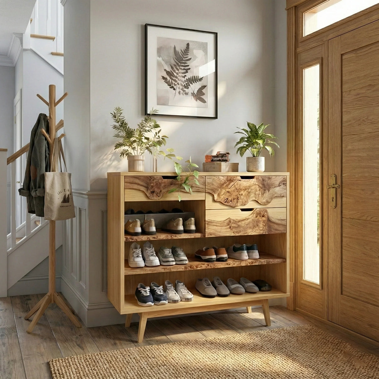 Live Edge Solid Wood Shoe Storage Cabinet for Organic Modern Entryway