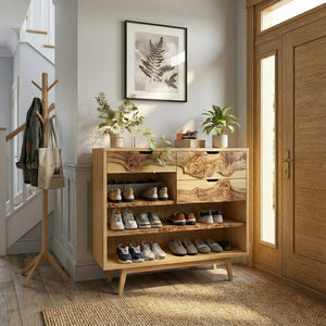 Live Edge Solid Wood Shoe Storage Cabinet for Organic Modern Entryway