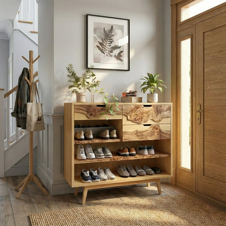 Live Edge Solid Wood Shoe Storage Cabinet for Organic Modern Entryway