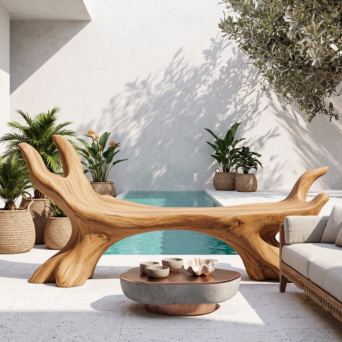 Organic Solid Wood Bench with Sculptural Branch Form