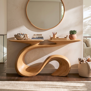 Organic Solid Wood Console Table with Sculptural Wave Base and Flowing S Curve Design