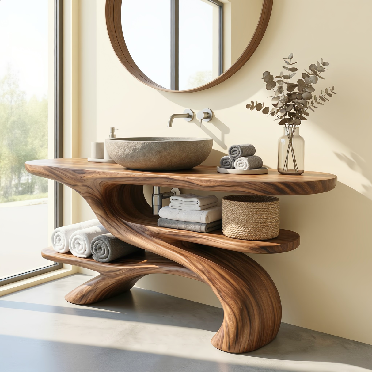 Handcrafted Solid Wood Bathroom Vanity with Sculptural Open Shelf