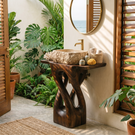 Organic Carved Solid Wood Pedestal Sink Stand with Open Sculptural Form