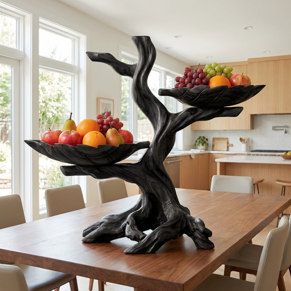 Solid Wood Sculptural Fruit Bowl with Twin Floating Trays and Branch Form Base