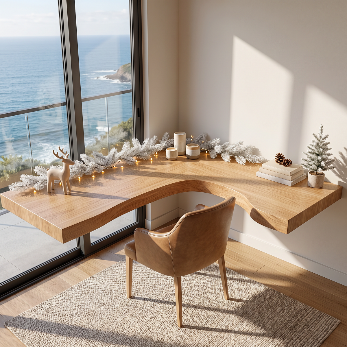 Live Edge Solid Wood Floating Desk with L Shaped Corner Design