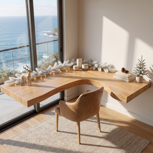 Live Edge Solid Wood Floating Desk with L Shaped Corner Design