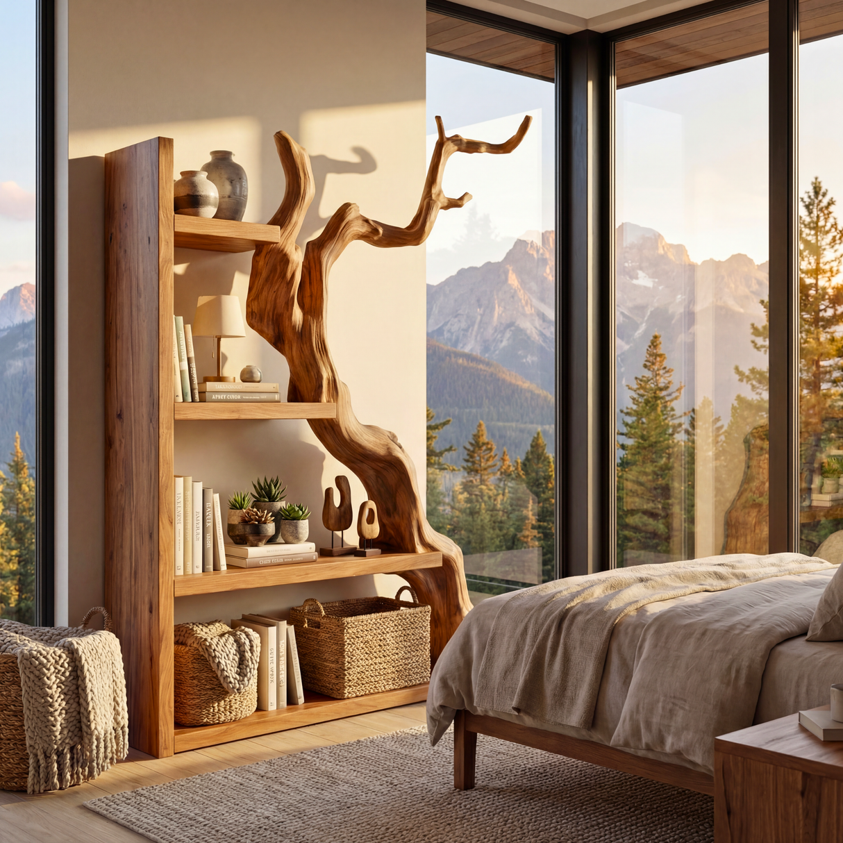 Vertical Solid Wood Bookshelf with Sculptural Tree Form Organic Modern Display Shelf