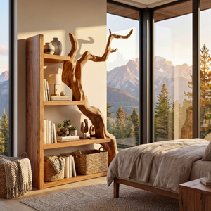 Vertical Solid Wood Bookshelf with Sculptural Tree Form Organic Modern Display Shelf
