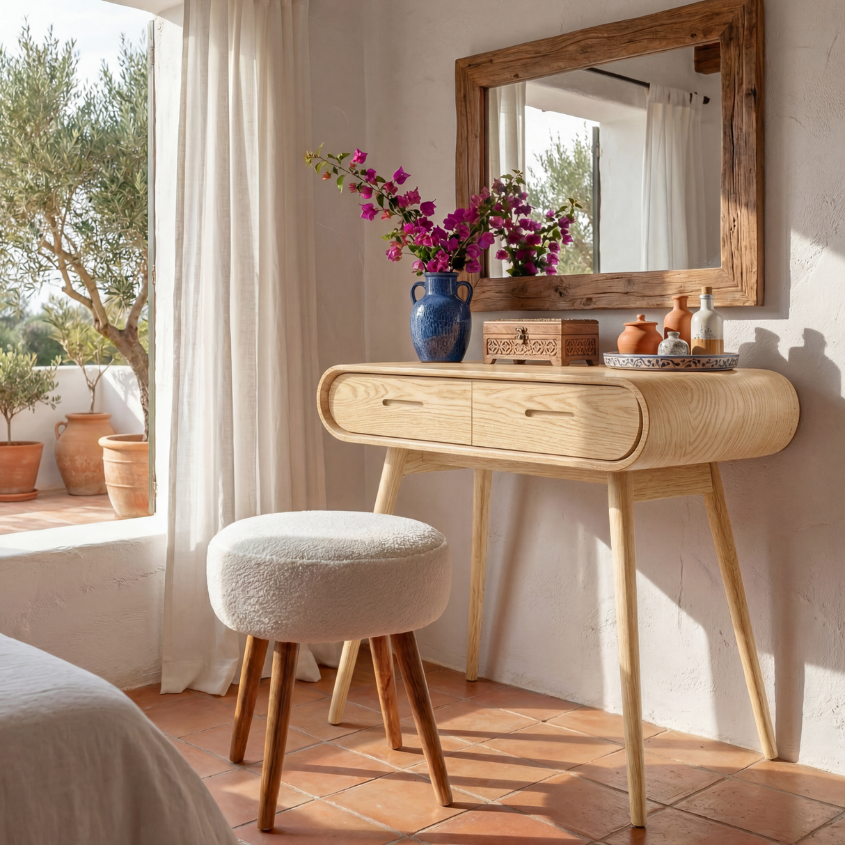 Curved Wood Vanity Table with Drawers, Mid Century Modern Dressing Table