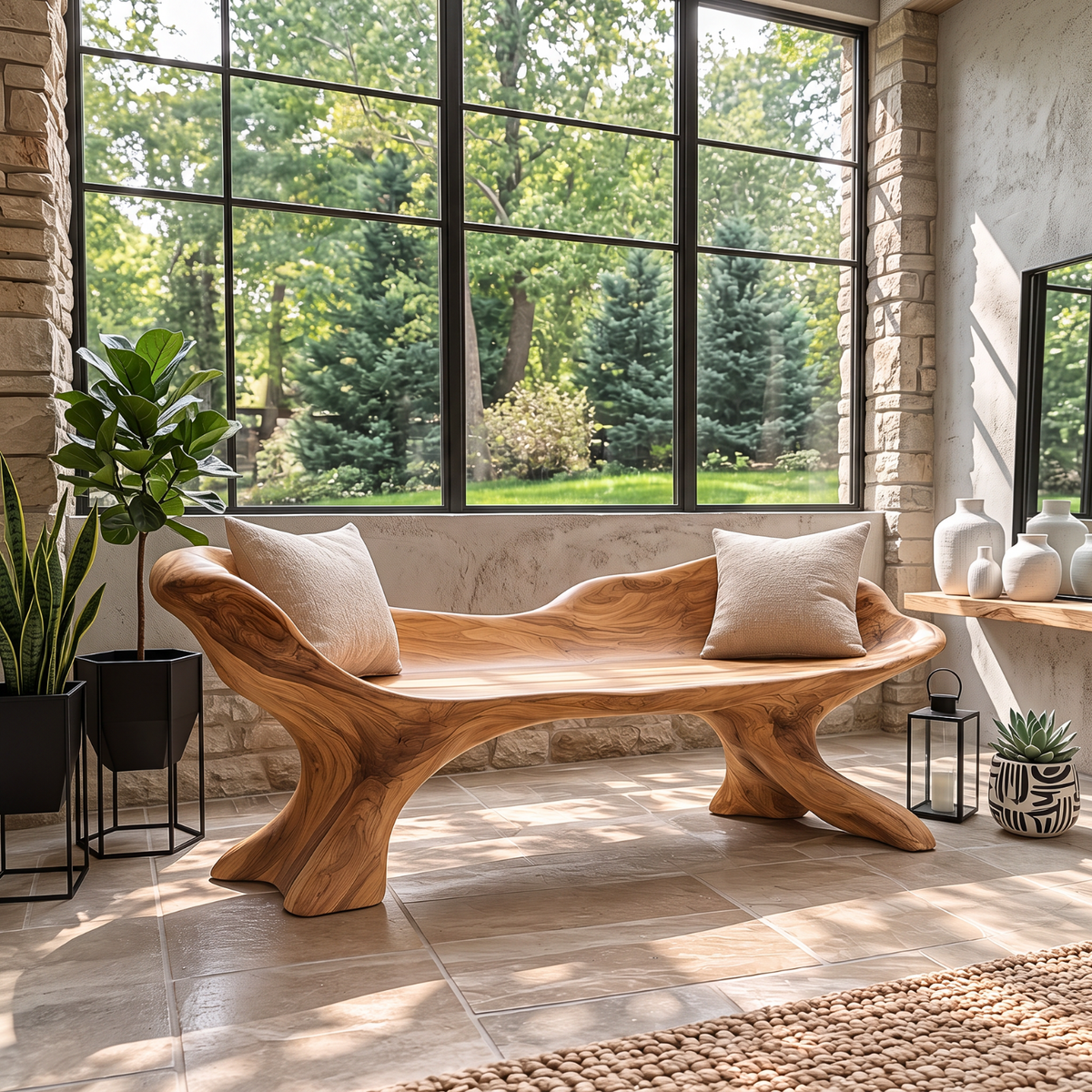 Curved Solid Wood Outdoor Bench with Sculptural Wing Backrest
