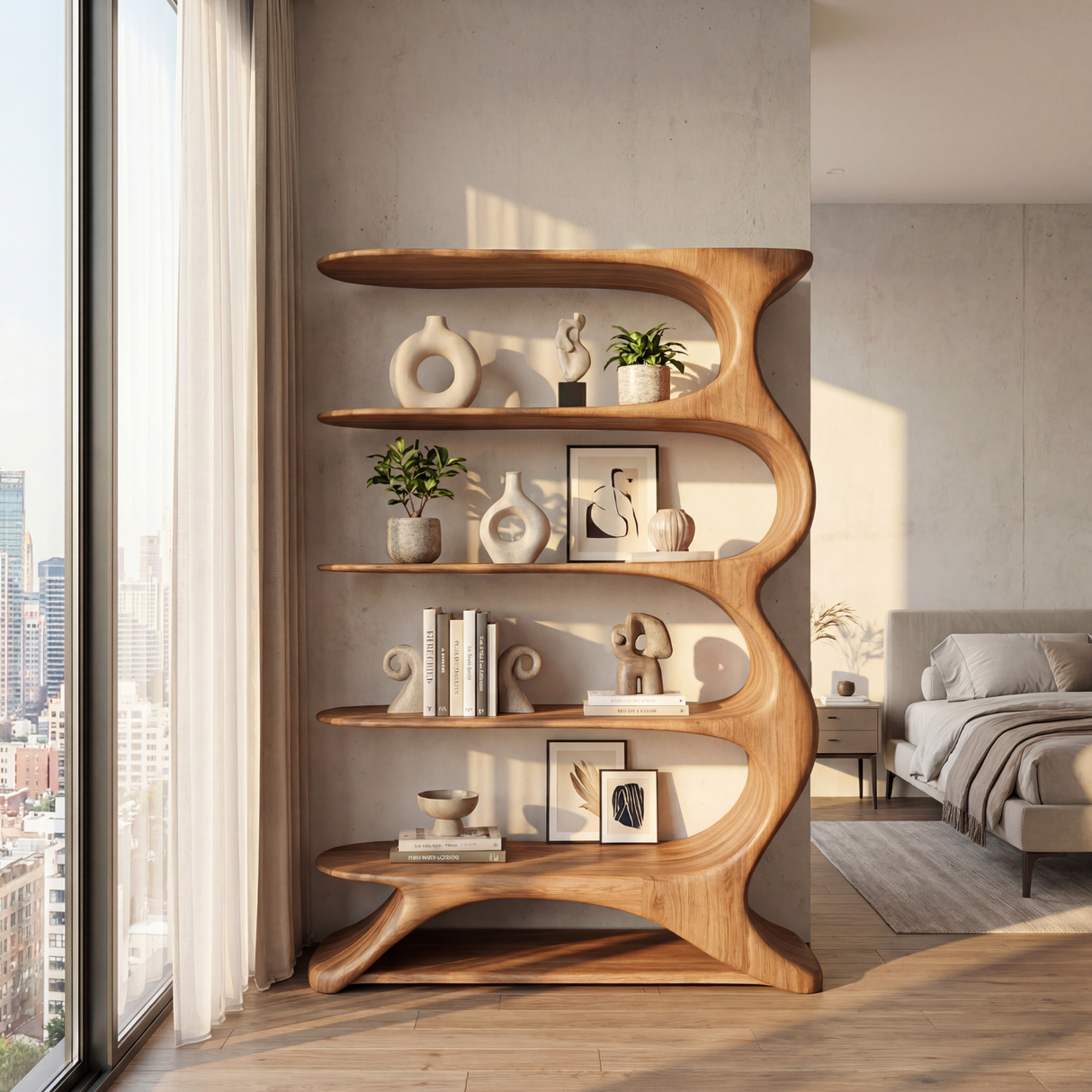 Wave Spine Wood Display Bookcase with Floating Open Shelves