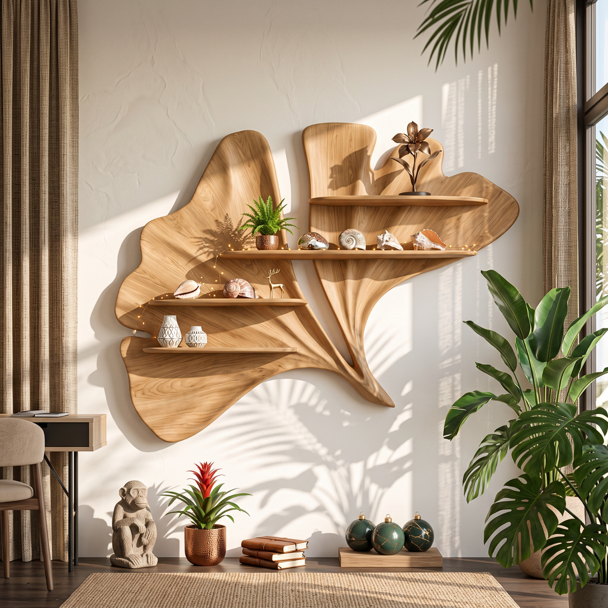 Sculptural Solid Wood Wall Shelf with Flowing Leaf Form and Floating Shelves