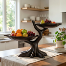 Solid Wood Branch Fruit Bowl Stand with Two Sculptural Display Trays