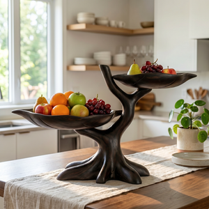 Solid Wood Branch Fruit Bowl Stand with Two Sculptural Display Trays