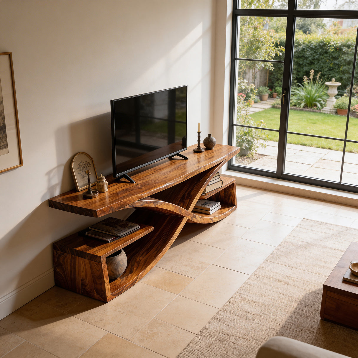 Sculptural Solid Wood TV Console with Curved Base