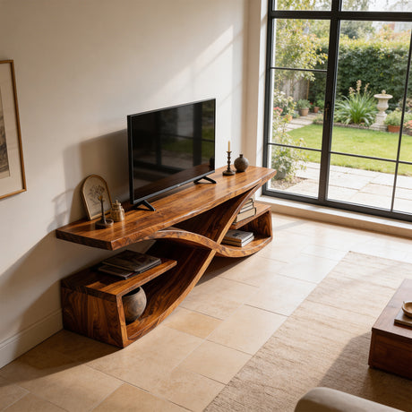 Sculptural Solid Wood TV Console with Curved Base