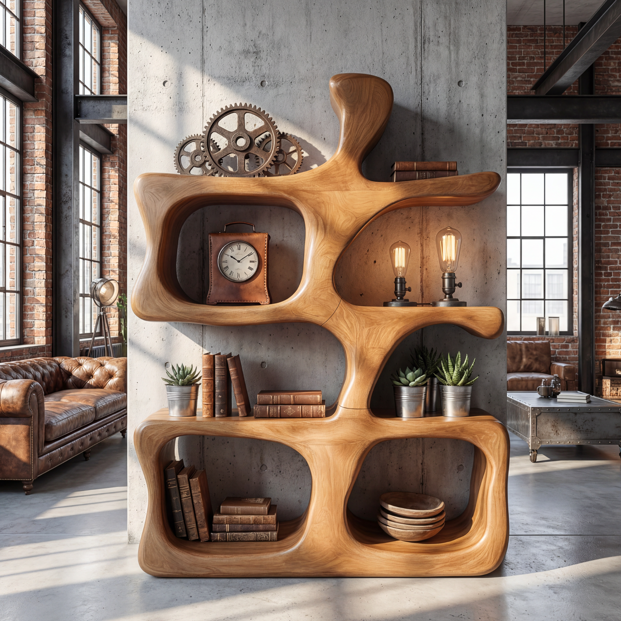 Sculptural Organic Wood Display Shelf with Open Compartments