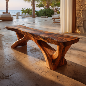 Live Edge Solid Wood Bench with Sculpted Base for Luxury Outdoor Spaces