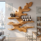 Sculptural Solid Wood Wine Rack with Organic Branch Shelves