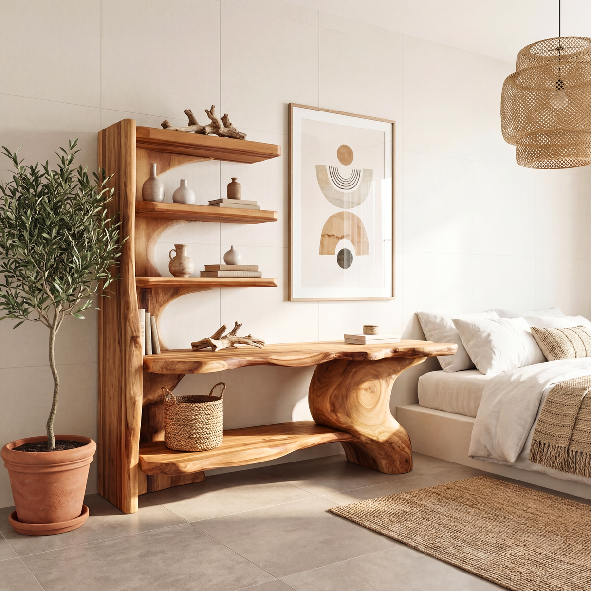 Organic Sculptural Solid Wood Console Table with Asymmetrical Shelving Artistic Freeform Console Table