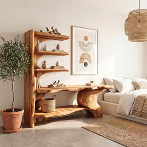 Organic Sculptural Solid Wood Console Table with Asymmetrical Shelving Artistic Freeform Console Table