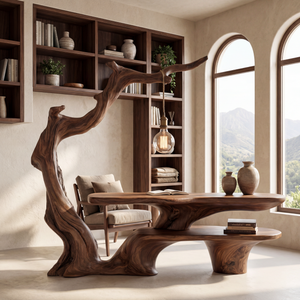 Sculptural Work Desk Tree Inspired Design with Hanging Lamp Organic Modern Workspace Table