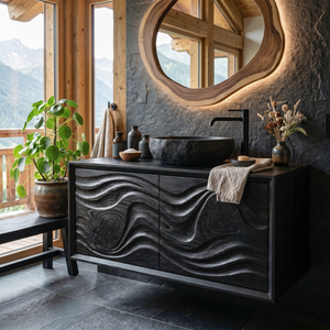 Artisan Solid Wood Bathroom Vanity with Hand Carved Wave Front