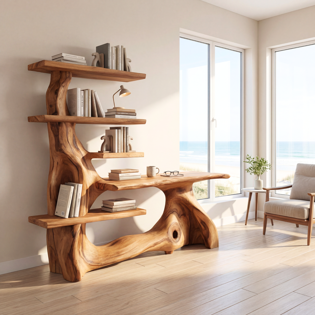 Organic Solid Wood Console Table with Shelving Sculptural Live Edge Entryway Table