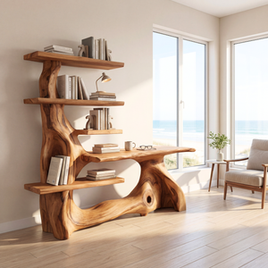 Organic Solid Wood Console Table with Shelving Sculptural Live Edge Entryway Table