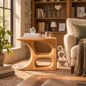 Sculptural Solid Wood Side Table with Open Storage Compartments