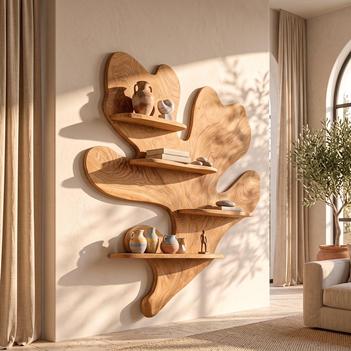 Solid Wood Wall Shelf with Organic Freeform Design for Living Room Decor