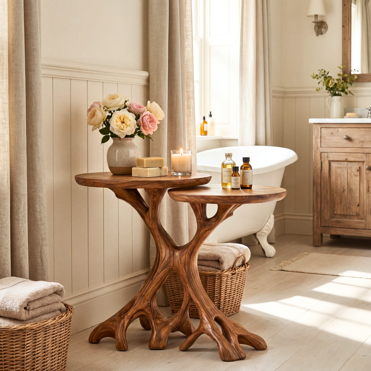 Twin Tree Root Side Tables Handmade Wooden Accent Set
