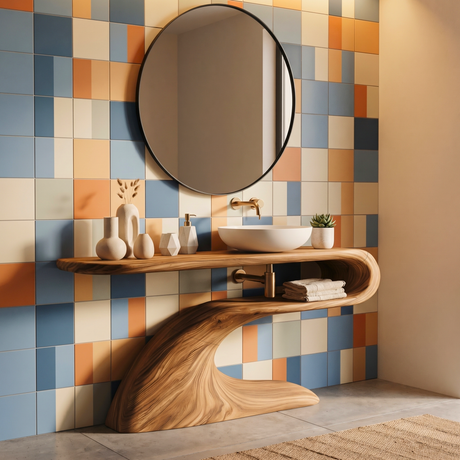 Modern Solid Wood Bathroom Vanity with Sculptural Curved Open Shelf