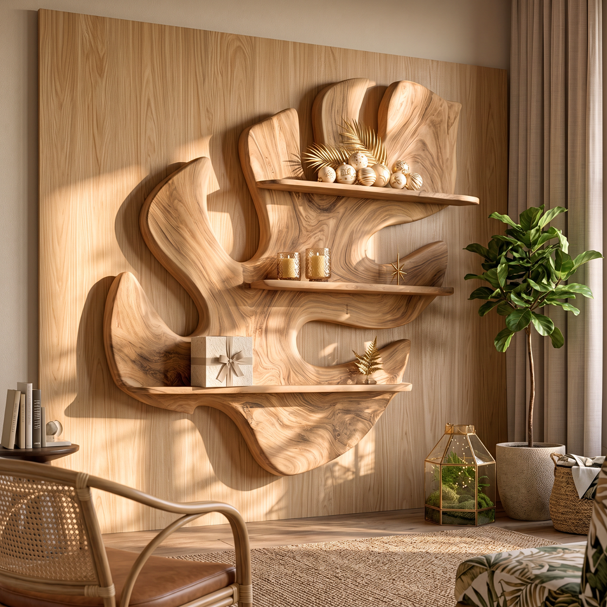 Tropical Leaf Solid Wood Wall Shelf for Nature Inspired Living Room Decor