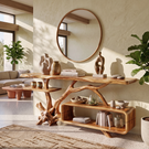 Console Table Solid Wood with Sculptural Branch Base and Open Storage Shelf