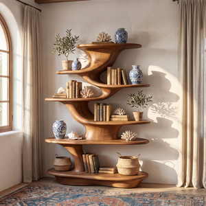 Cascade Form Wood Display Shelf with Sculpted Tiered Platforms