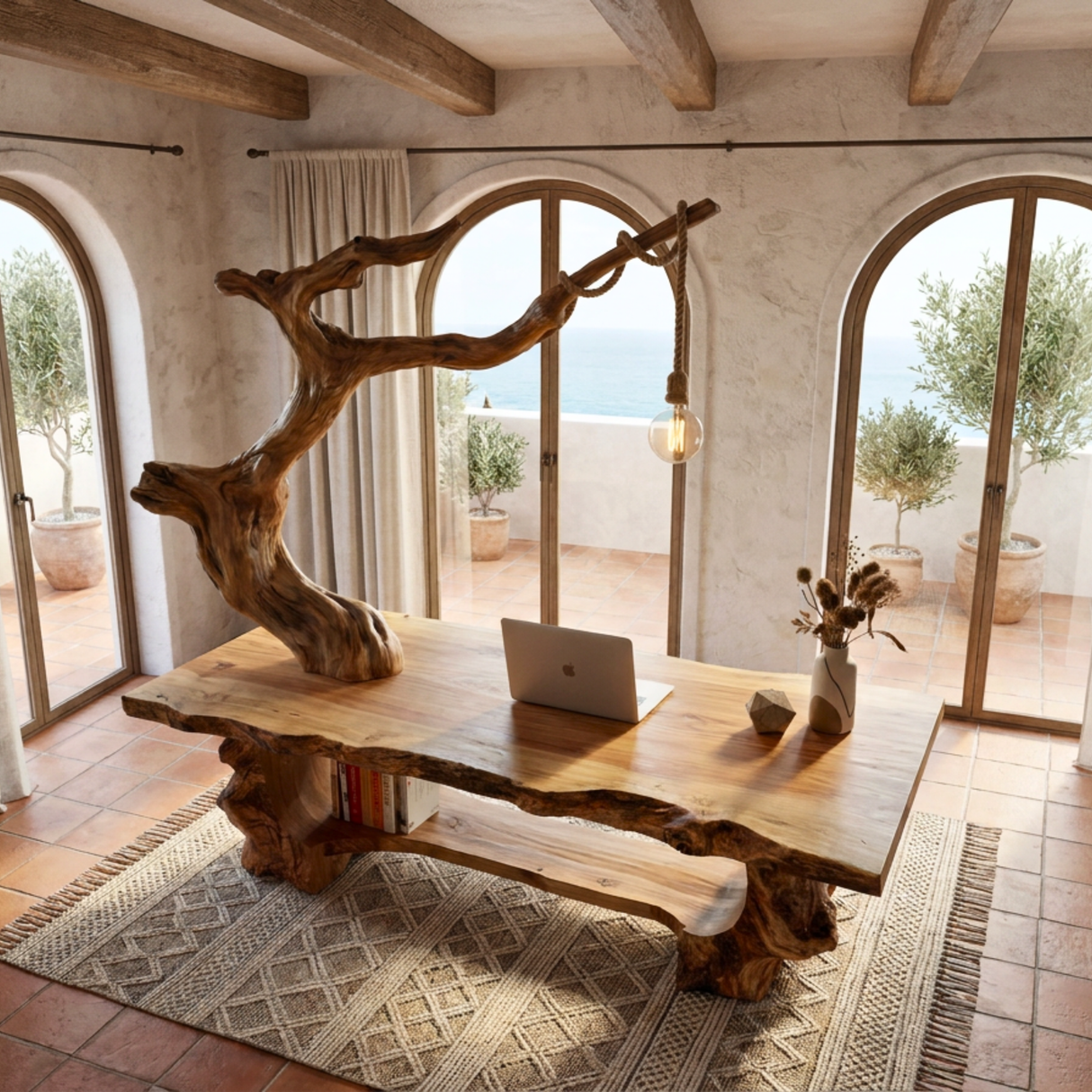 Solid Wood Sculptural Desk With Integrated Hanging Lamp Organic Modern Artistic Workspace Table