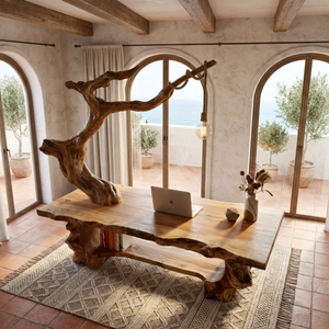 Solid Wood Sculptural Desk With Integrated Hanging Lamp Organic Modern Artistic Workspace Table